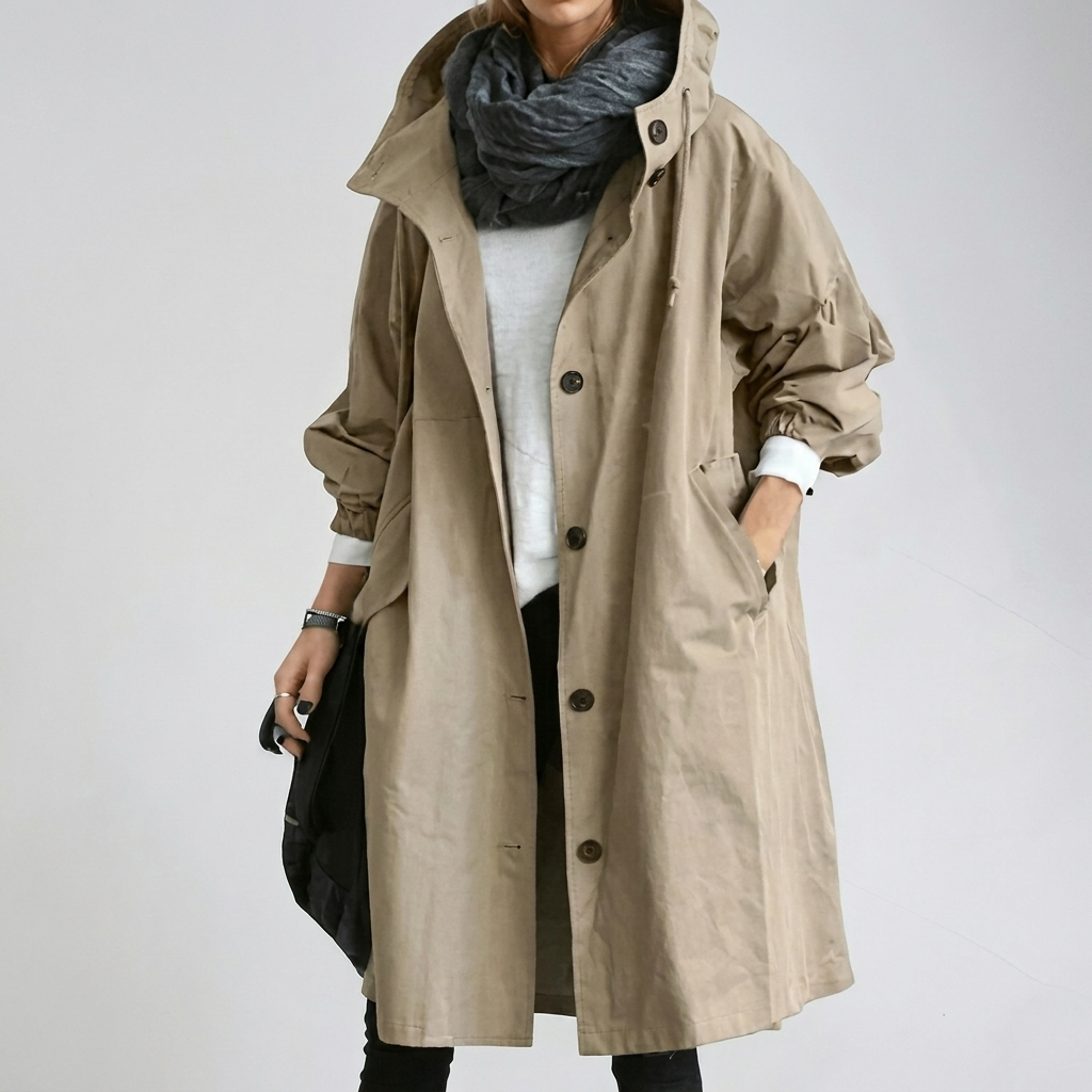 Women's Raincoat in tan khaki with hood, elastic cuffs and a hand in the pocket.