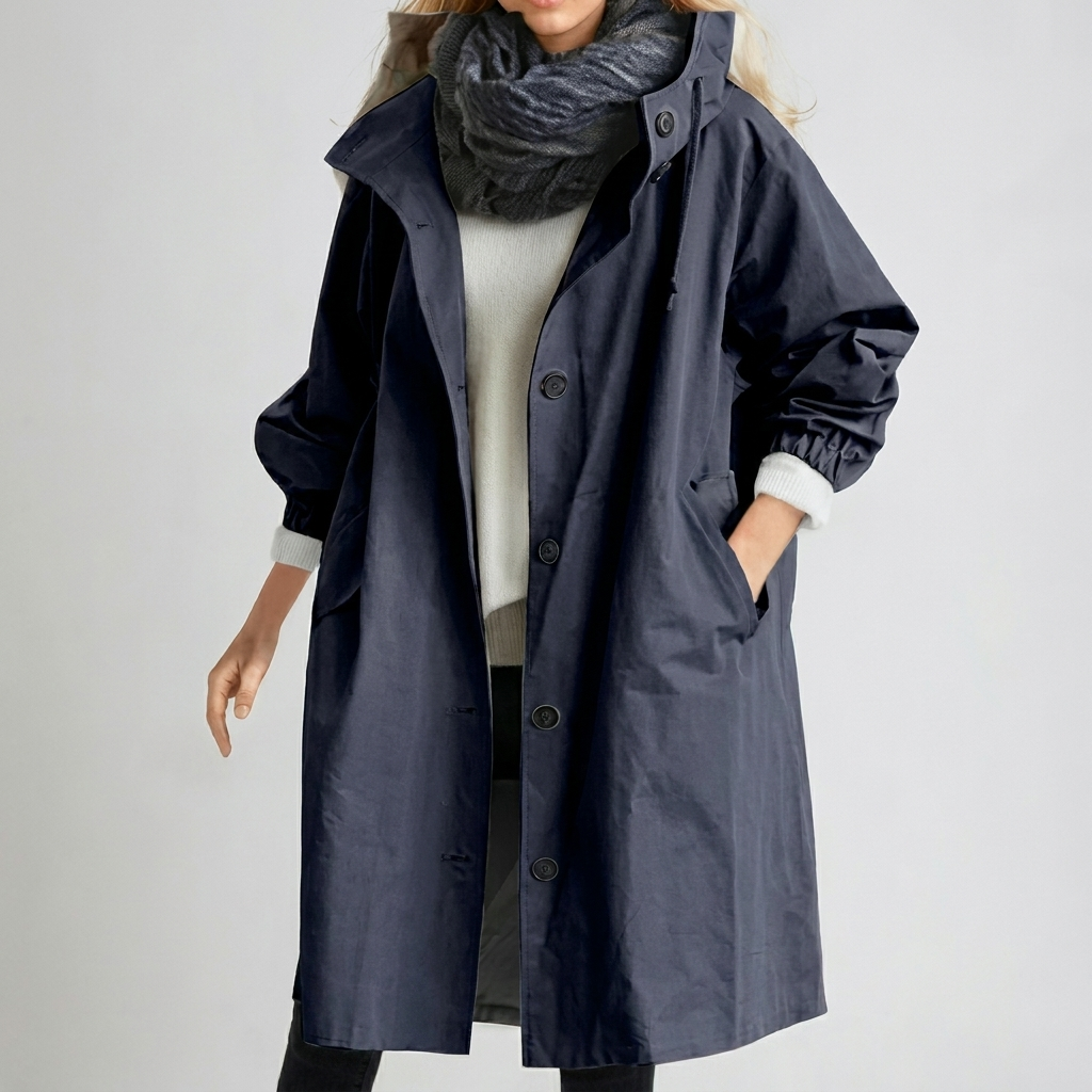 Women's Raincoat in navy blue with hood, button front and elastic cuffs.
