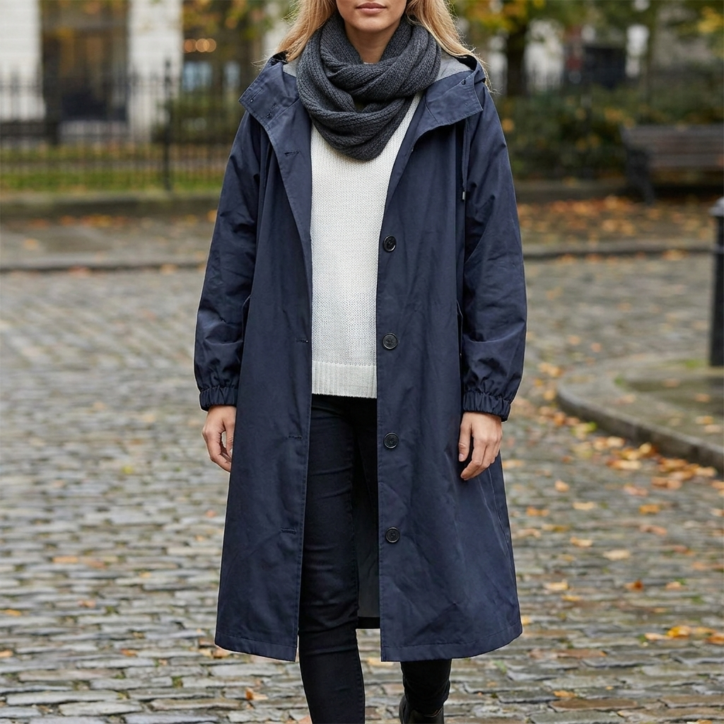 Women's Raincoat in navy blue, front view with a knit scarf and cream sweater.