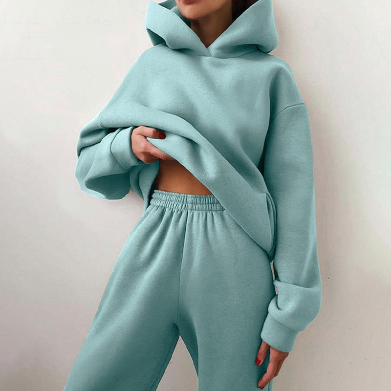 Mint green hoodie and joggers set, detail view.