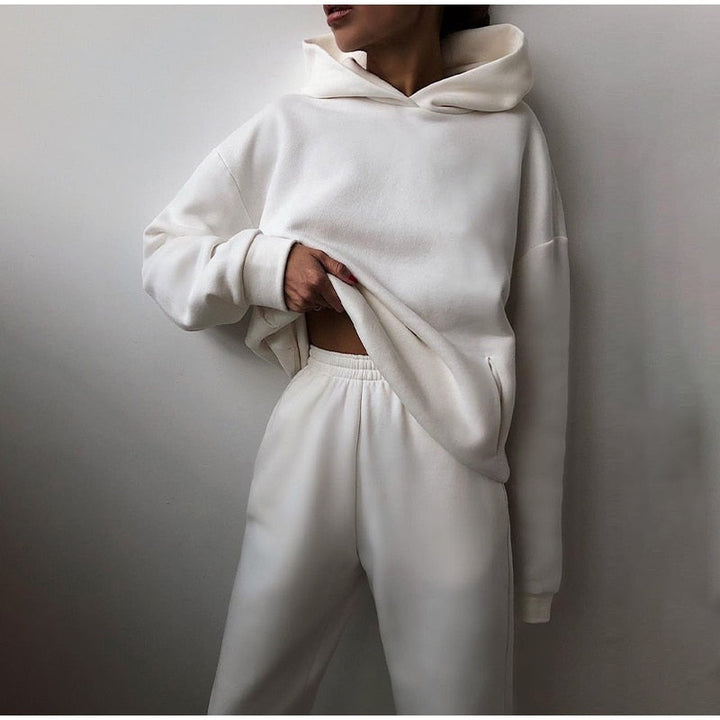 White hoodie and joggers set, detail view.