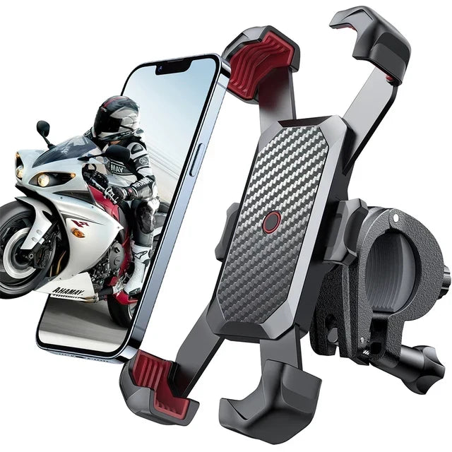 Four-arm phone holder with red grips and handlebar clamp beside a smartphone showing a rider on a white sport motorcycle. 2