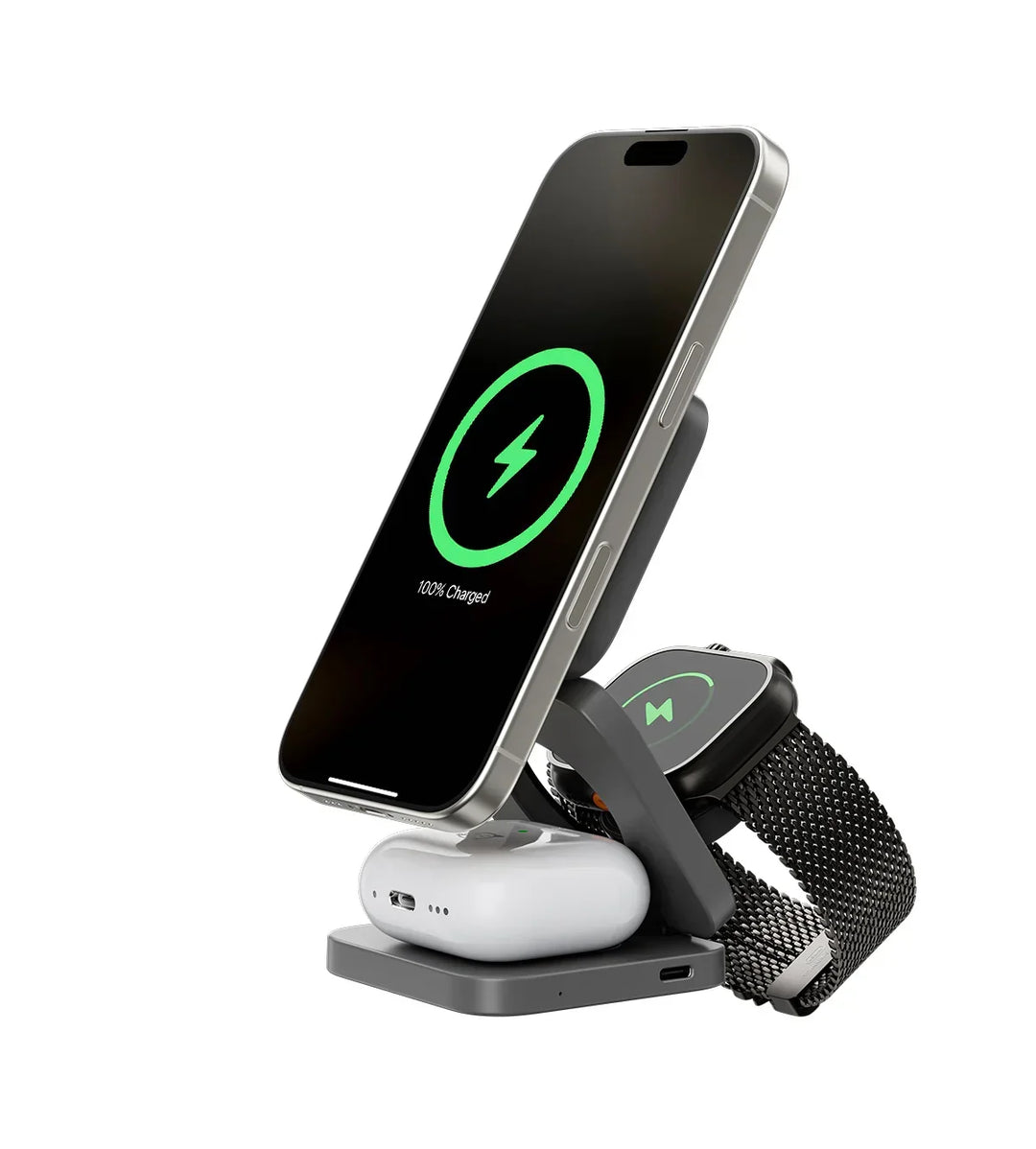 Black foldable magnetic wireless charging station, another view, with a phone, smartwatch and earbuds case charging upright.