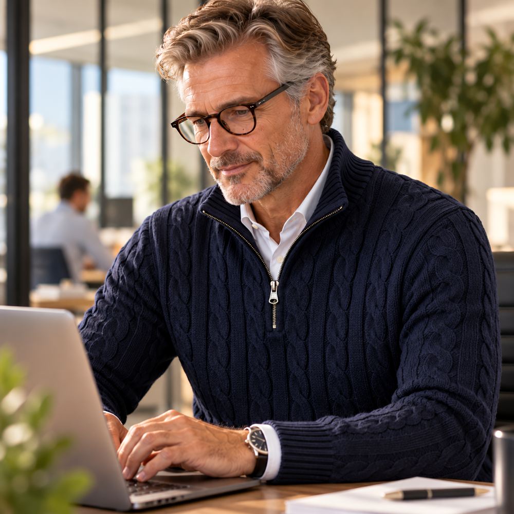 Navy cable knit half-zip sweater on a man at a desk over a white shirt, another view.