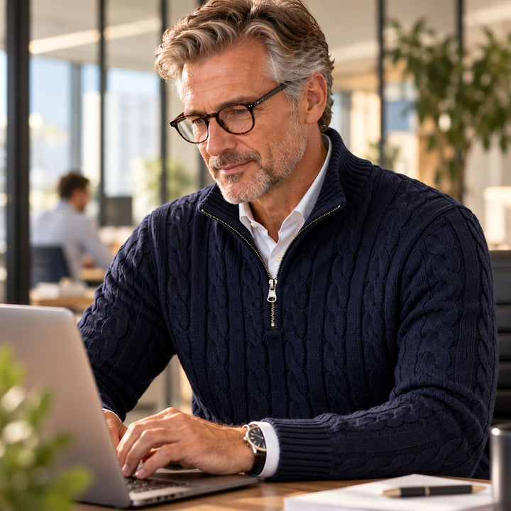 Navy cable knit half-zip sweater on a man at a desk over a white shirt, another view.