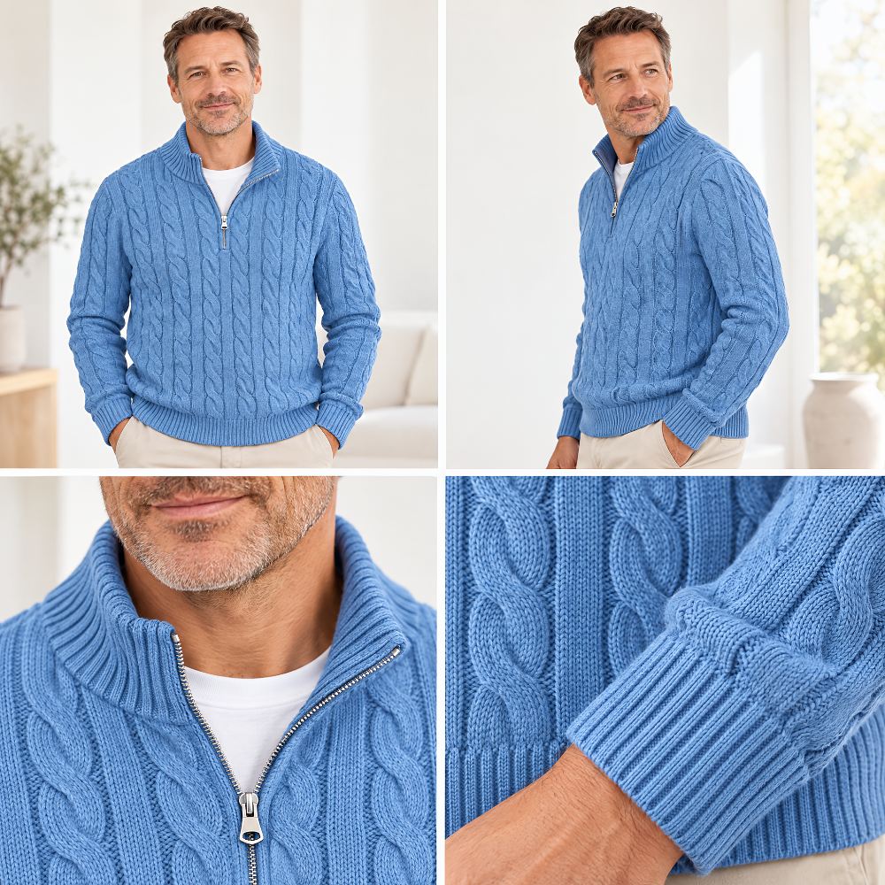 Blue cable knit half-zip sweater collage with front views, zipper collar detail and ribbed cuff detail.