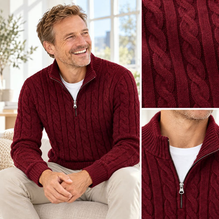 Burgundy cable knit half-zip sweater collage with texture, collar and zipper details.