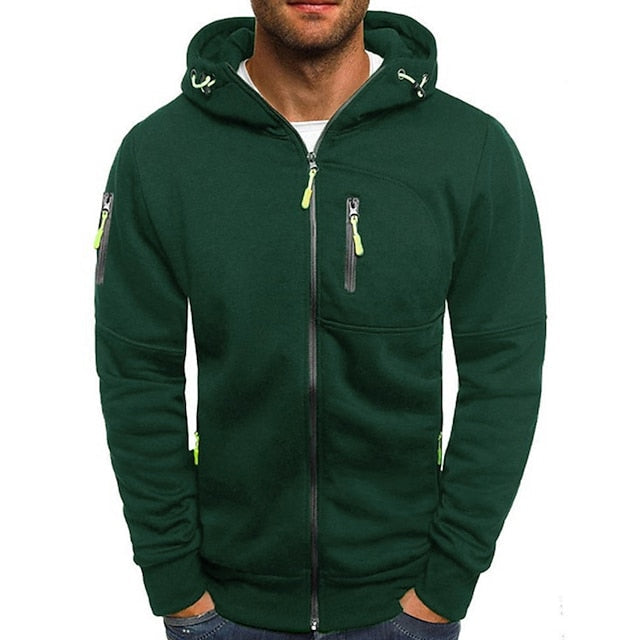 Men's dark green zip-up hoodie with lime green zipper pulls, a chest zip pocket, and a zippered sleeve pocket.