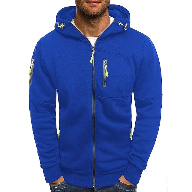 Men's bright blue zip-up hoodie with lime green zipper pulls, a zippered chest pocket, and ribbed cuffs and hem.