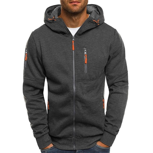 Men's dark gray zip-up hoodie with orange zipper pulls, a lined hood, and zippered chest and sleeve pockets.