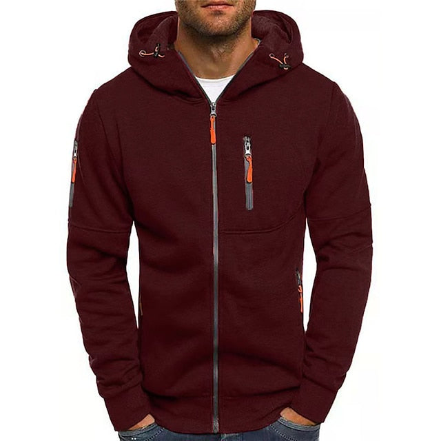 Men's burgundy zip-up hoodie with orange zipper pulls, a gray zipper, hood drawcords, and a zippered chest pocket.