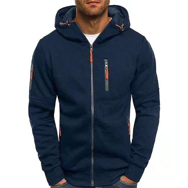 Men's navy blue zip-up hoodie with orange zipper pulls, a gray zipper, a zippered chest pocket, and a hood.