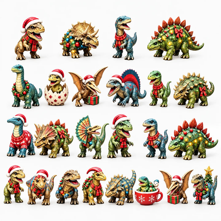 Flat lay of twenty-four small festive dinosaur figures in Santa hats, scarves and wreaths on white 2