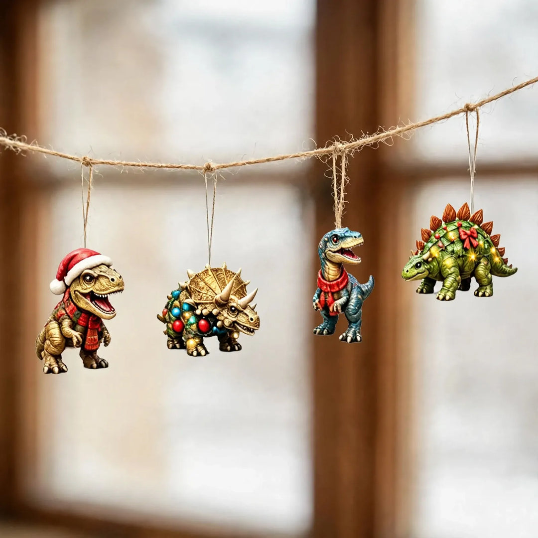 Four dinosaur ornaments hang from a twine garland in front of a blurred window 3