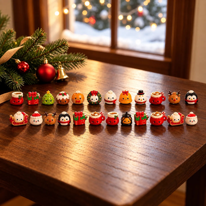 Two rows of small smiling Christmas figurines, including gifts, a tree, mugs and penguins, lined up on a wooden table beside pine branches. 1