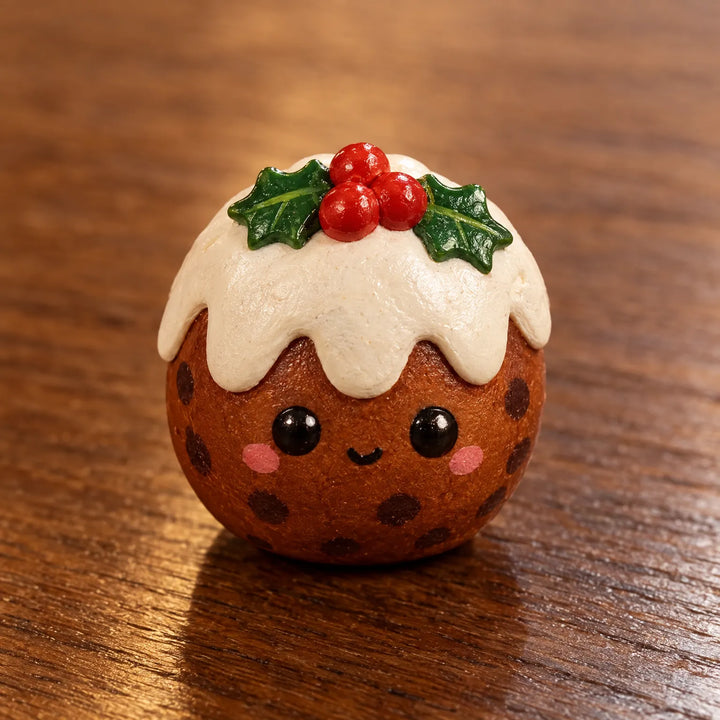 Close-up of one smiling Christmas pudding figurine with white icing and a holly and red berry topping on a wooden surface. 3
