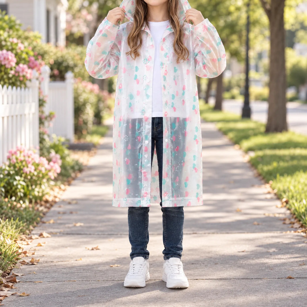 Girl on a tree-lined sidewalk wearing the clear snap-front hooded raincoat with pink and teal hearts, holding the hood up. 1