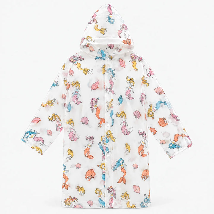 Flat view of the clear hooded raincoat printed with colorful mermaids and seashells, fastened with front snaps. 9