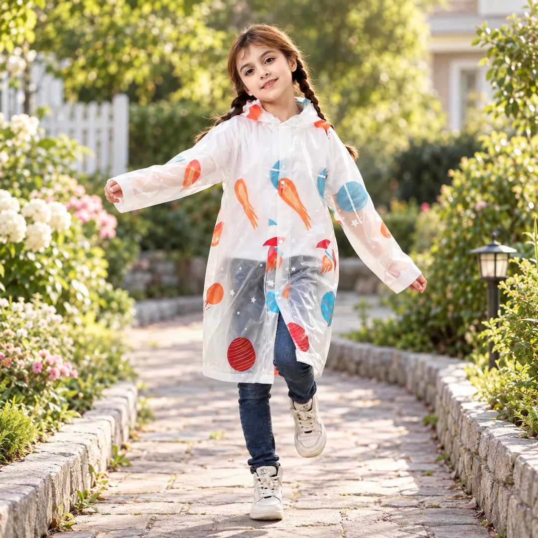Girl in braids walks along a garden path in the clear hooded raincoat with orange comets, planets and rockets. 3