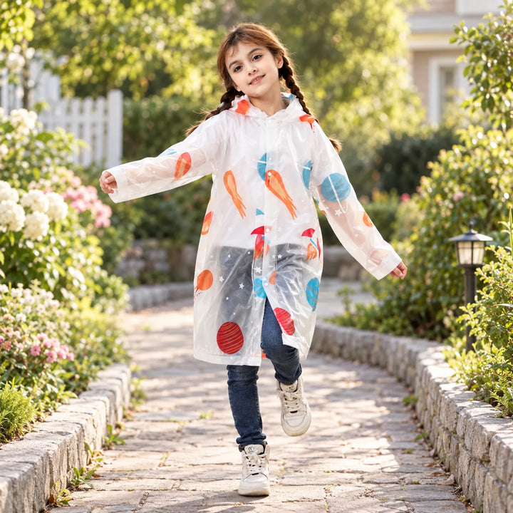 Girl in braids walks along a garden path in the clear hooded raincoat with orange comets, planets and rockets. 3