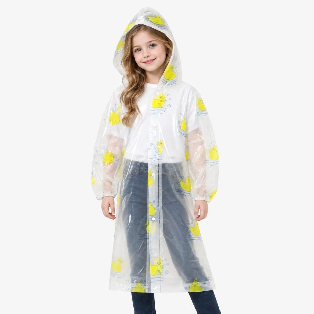 Girl with long wavy hair wears the clear hooded raincoat with yellow rubber ducks, snap front and elastic cuffs. 4