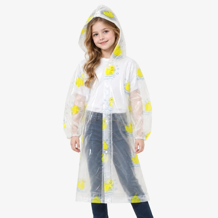 Girl with long wavy hair wears the clear hooded raincoat with yellow rubber ducks, snap front and elastic cuffs. 4