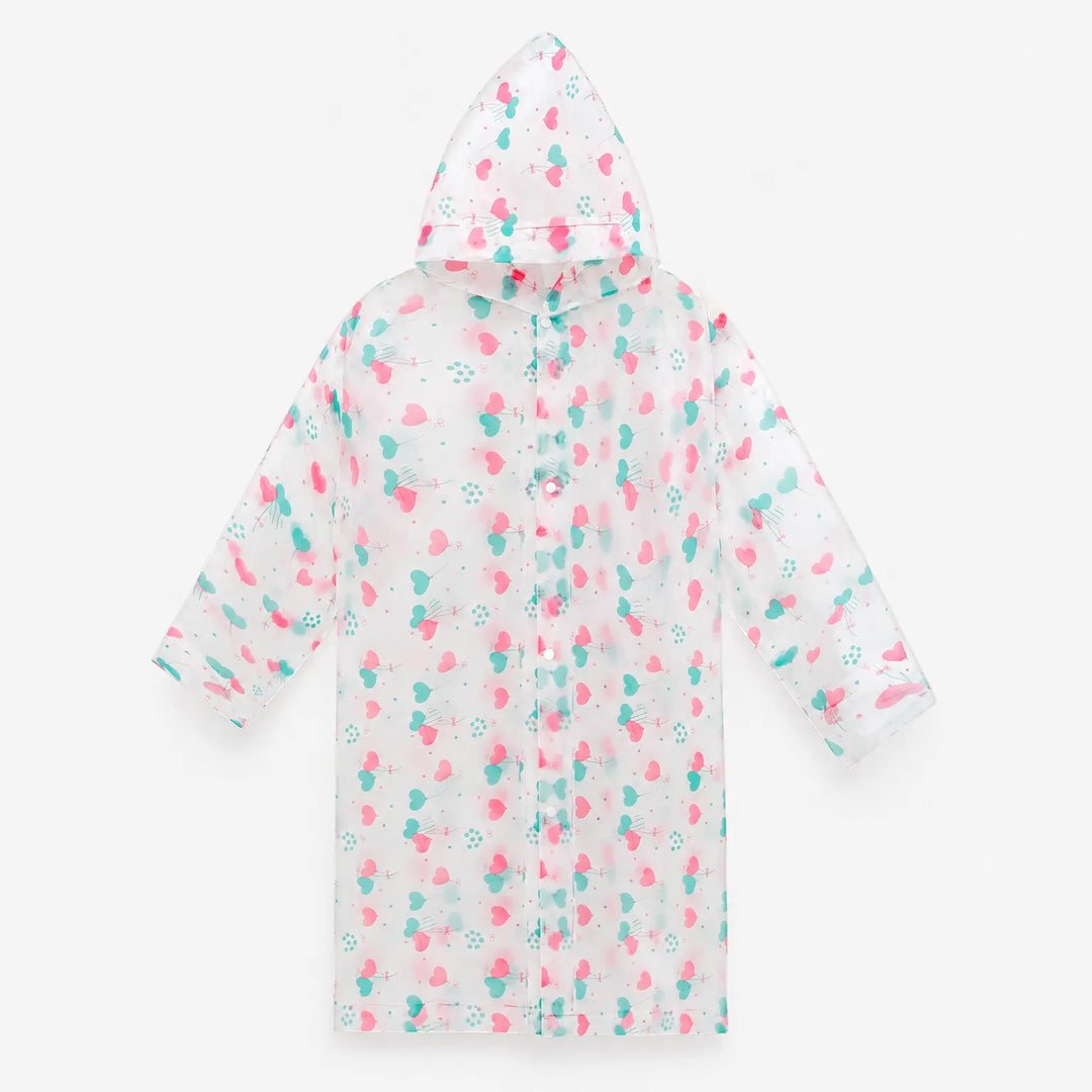 Flat view of the clear hooded raincoat with pink and teal heart balloons, snap buttons down the front. 6