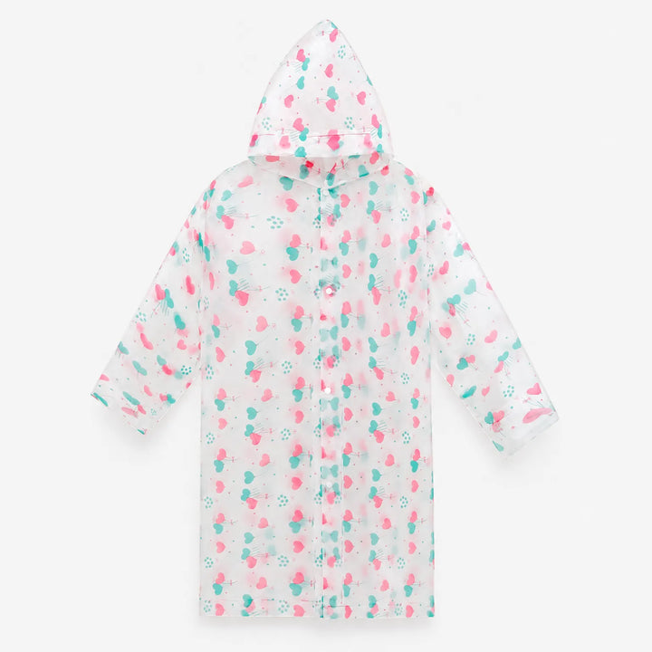 Flat view of the clear hooded raincoat with pink and teal heart balloons, snap buttons down the front. 6