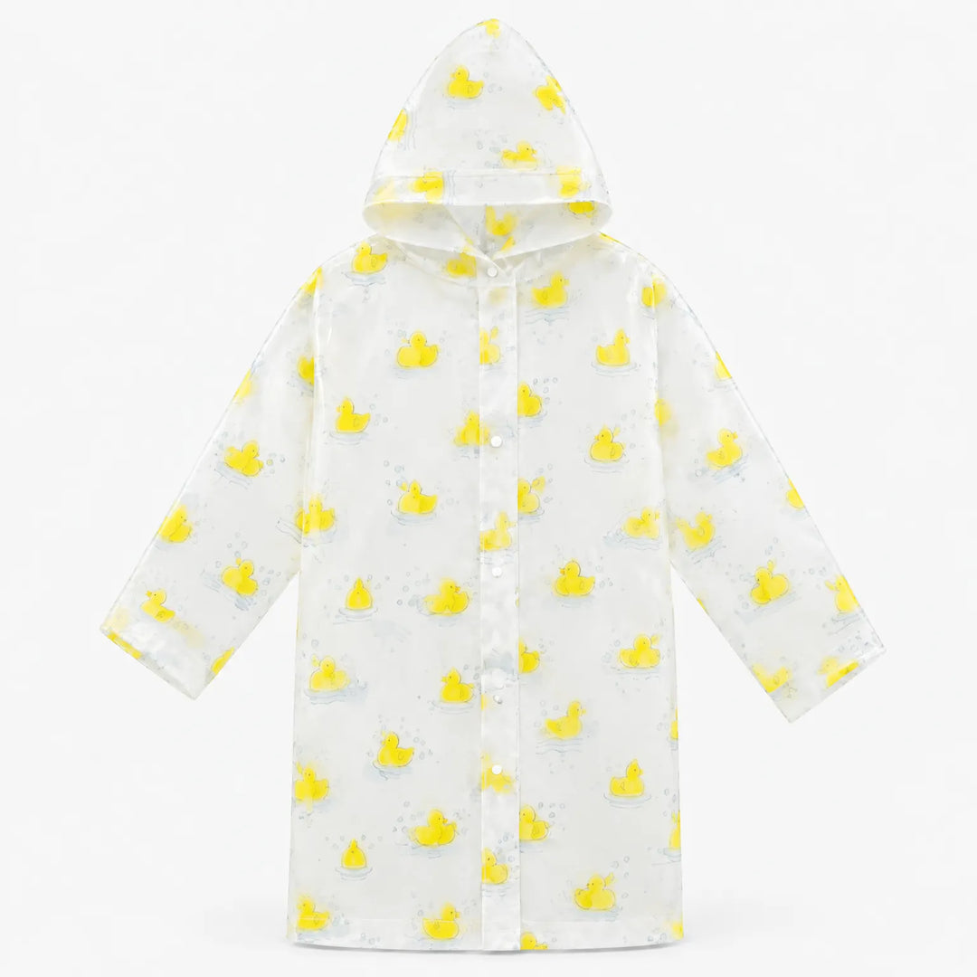Flat view of the clear hooded raincoat covered in small yellow rubber ducks and bubbles, with front snap closure. 7