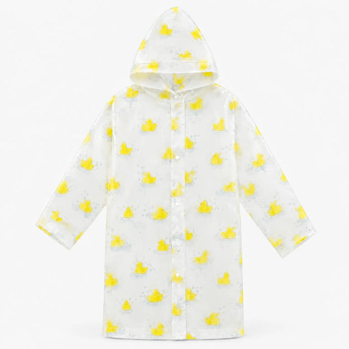 Flat view of the clear hooded raincoat covered in small yellow rubber ducks and bubbles, with front snap closure. 7