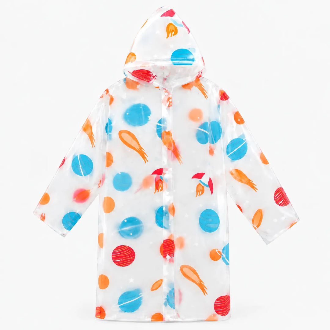 Flat view of the clear hooded raincoat with blue and red planets, orange comets and small rockets. 8