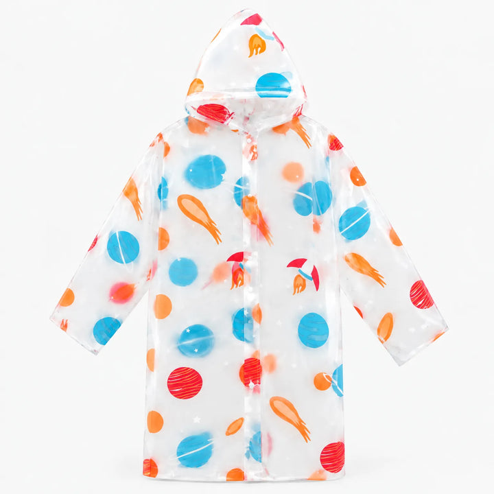 Flat view of the clear hooded raincoat with blue and red planets, orange comets and small rockets. 8