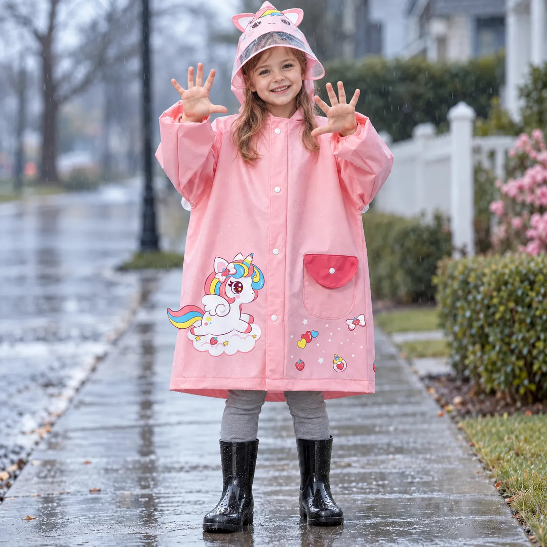Smiling girl in a pink unicorn raincoat with a clear hood visor and black rain boots, standing on a wet sidewalk. 1