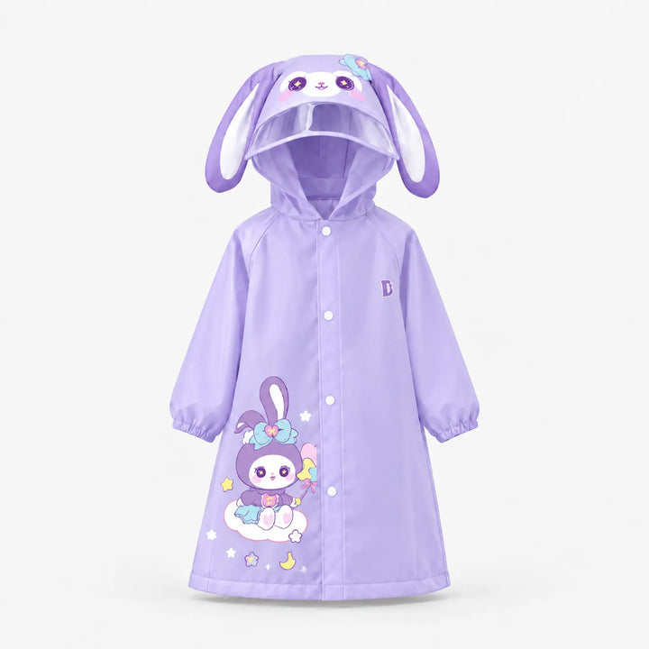 Lavender bunny raincoat shown front view with floppy bunny ears on the hood, clear brim, snap buttons, and a bunny-on-cloud print. 10