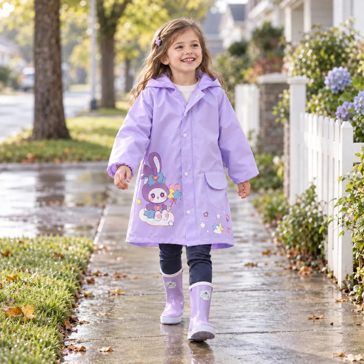 Girl in a lavender raincoat with a bunny print and matching purple rain boots, walking happily along a wet sidewalk. 3