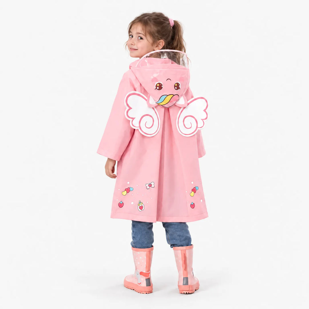 Back view of a girl in a pink raincoat with white angel wings and a unicorn face on the hood. 4