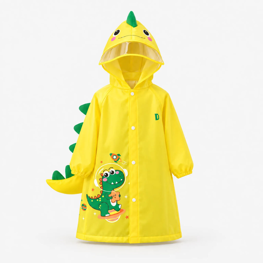 Yellow dinosaur raincoat laid out front view, showing the snap buttons, hood with clear brim, spiky back, and tail. 7