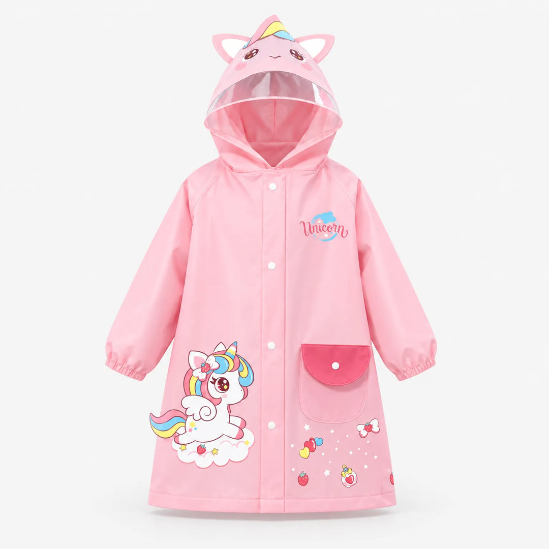 Pink unicorn raincoat shown front view with a snap-closure pocket, cloud unicorn print, elastic cuffs, and horned hood with ears. 8