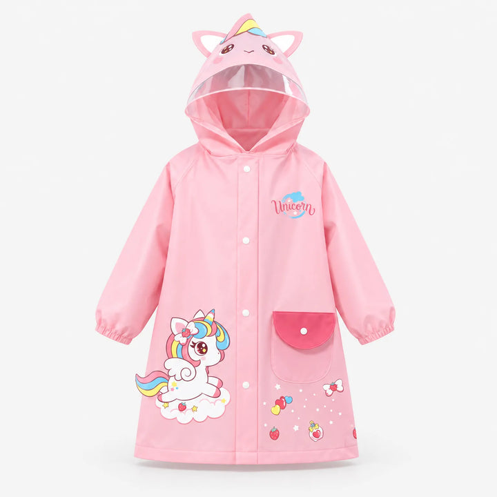 Pink unicorn raincoat shown front view with a snap-closure pocket, cloud unicorn print, elastic cuffs, and horned hood with ears. 8