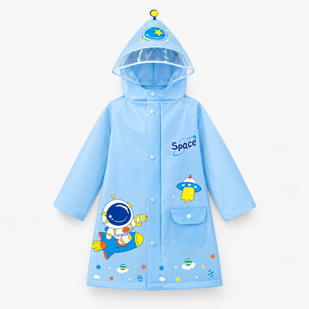 Light blue space-themed raincoat shown front view with an astronaut rocket print, UFO graphic, snap pocket, and clear-brim hood. 9