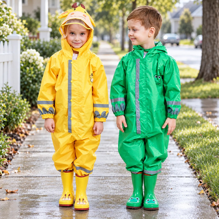 Two children on a wet sidewalk wearing a yellow giraffe-hood and a green frog rain jumpsuit with matching rain boots. 1