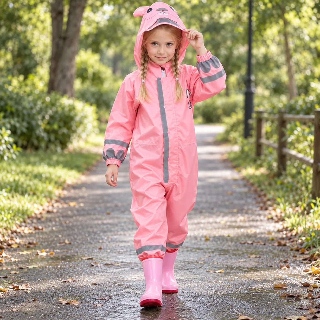 Girl with braids walking along a park path in the pink jumpsuit, hood up with animal ears and rain boots. 3