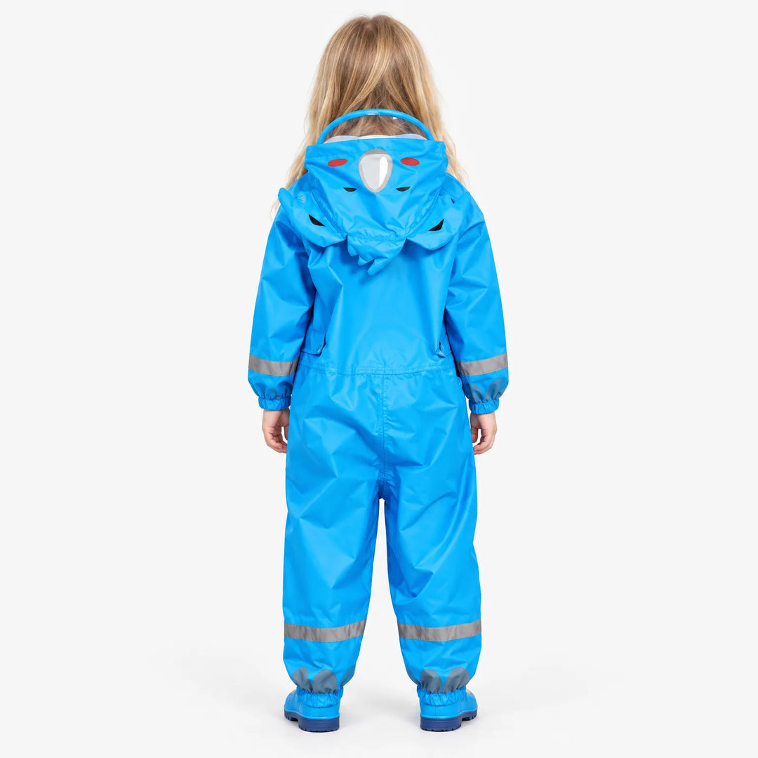 Back view of the blue jumpsuit on a child, showing the animal-face hood with a clear brim and reflective ankle bands. 4