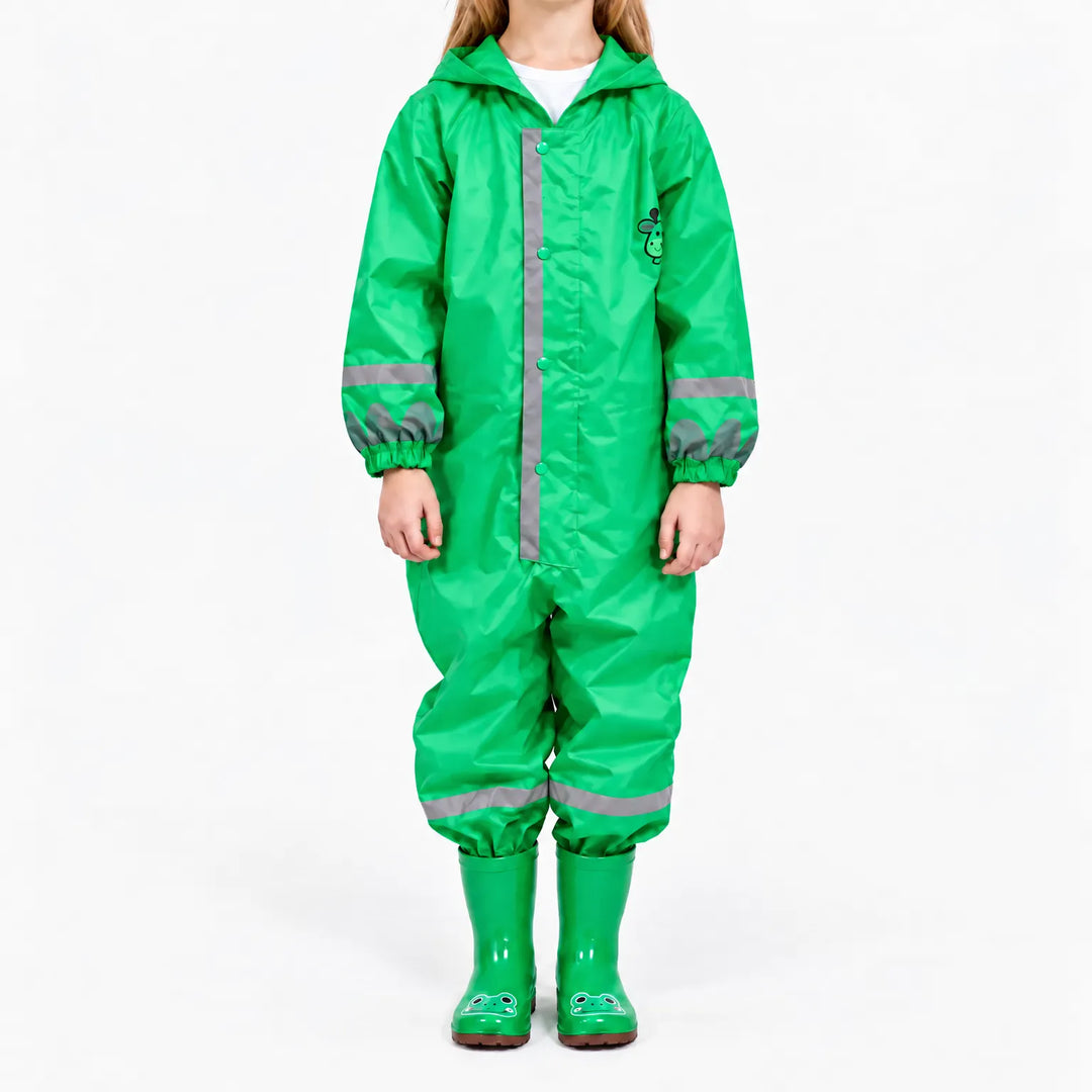 Front view of the green jumpsuit on a child, with snap placket, reflective stripes, elastic cuffs and frog rain boots. 7
