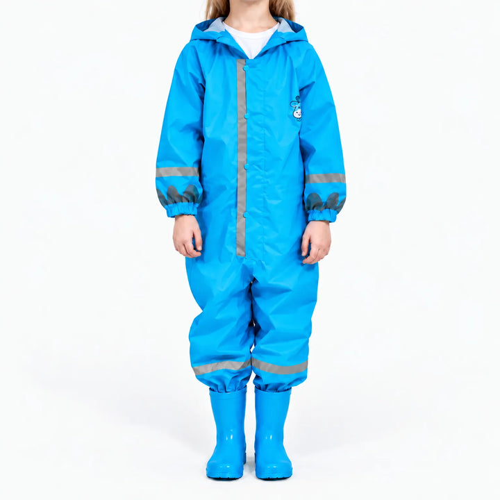 Front view of the blue jumpsuit worn by a child, hood down, with reflective stripes, snap closure and blue rain boots. 8