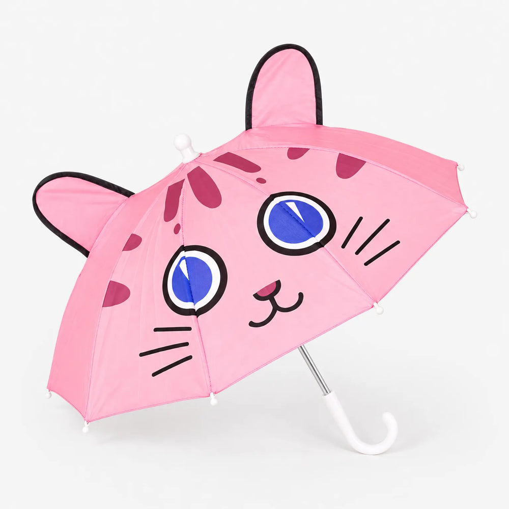 Pink cat-face umbrella with black-trimmed ears, big blue eyes and whiskers, shown open on a plain white background with a white hook handle. 2