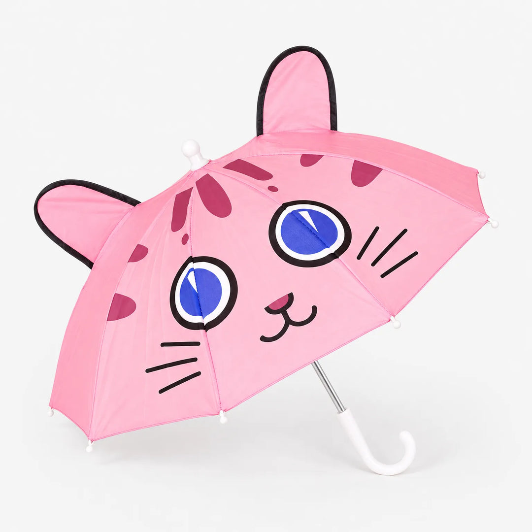 Pink cat-face umbrella with black-trimmed ears, big blue eyes and whiskers, shown open on a plain white background with a white hook handle. 2