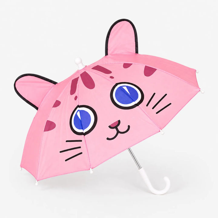 Pink cat-face umbrella with black-trimmed ears, big blue eyes and whiskers, shown open on a plain white background with a white hook handle. 2