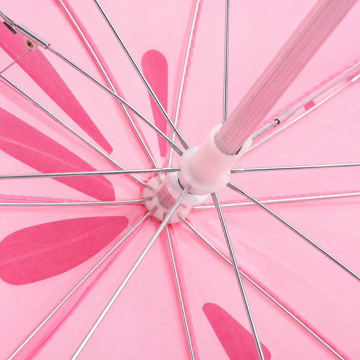 Close-up from underneath the open pink canopy, showing the metal ribs, central hub, shaft and darker pink cat markings. 3