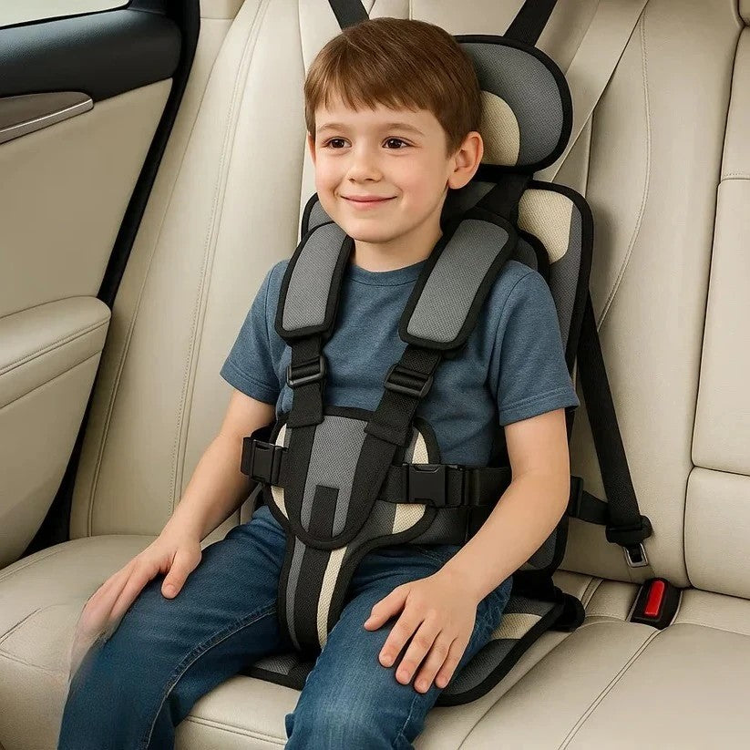 Gray and cream mesh foldable kids travel seat in a car.